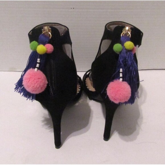 Betsey Johnson Ryan Heels Black Suede Pom Pom Stilettos Shoes NWOB Size 8.5 - Picture 5 of 8